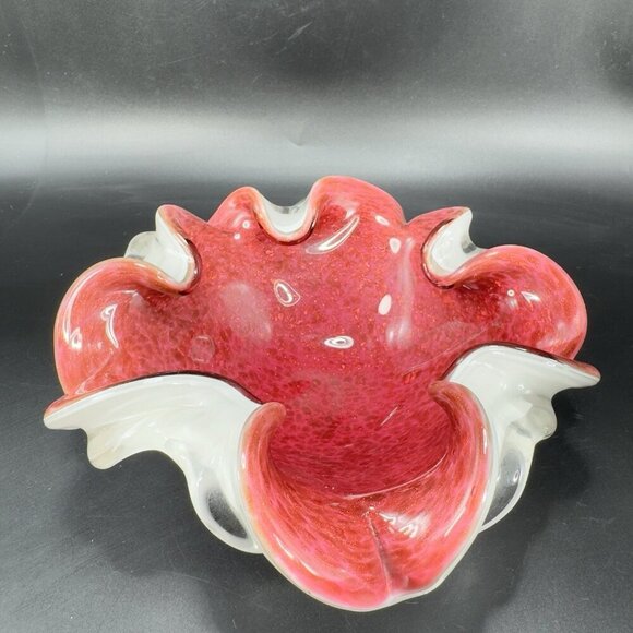 Venetian Murano Glass Folded Edges Ashtray Dish Bowl White Magenta Center Italy - Picture 12 of 16
